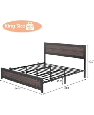 King Size Bed Frame with Headboard, Industrial Platform Bed Frame with Charging Station, No Box Spring Required, Easy to Assemble, Wooden Mattress Base