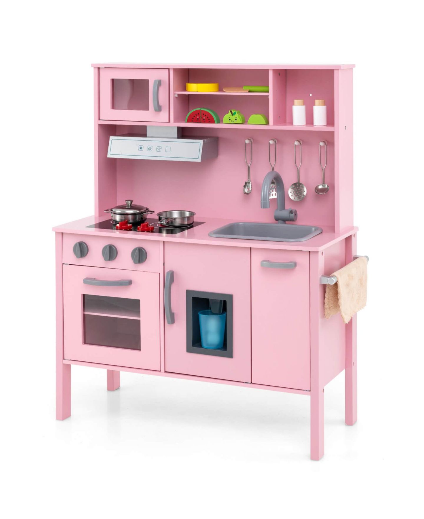 Детские игрушки Costway Chef Wooden 19-Piece Play Kitchen, Ages 3+, цвет: Розовый — фото 3