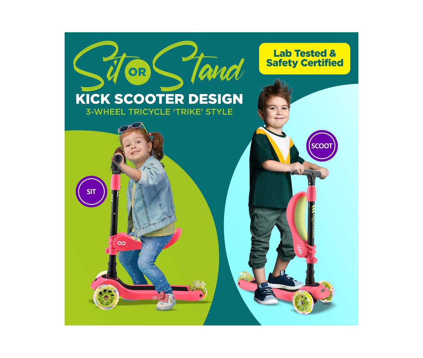 Детская игрушка SereneLife Infinity 3-Wheel Kids Scooter with LED Wheels & Adjustable Handlebar, 132 lb. Weight Capacity, Ages 2-7, цвет: Розовый — фото 2