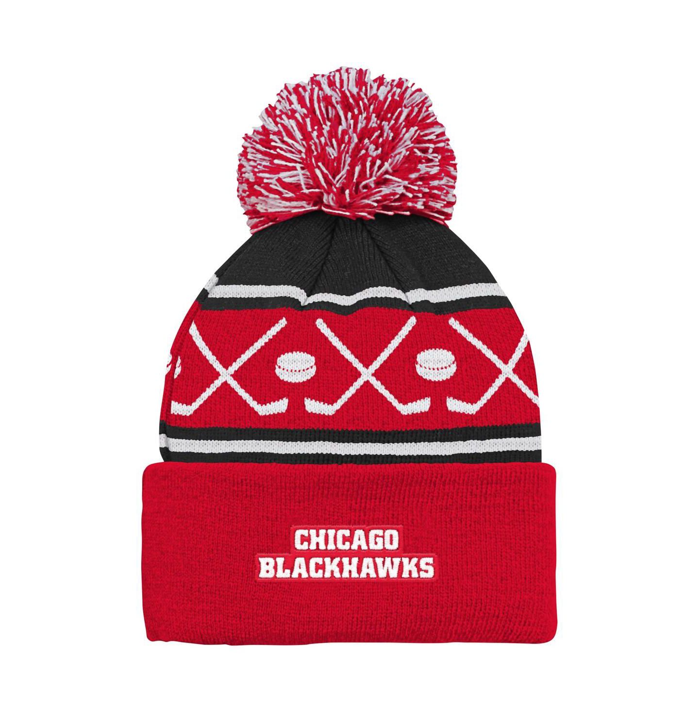Детская вязаная шапка Outerstuff Chicago Blackhawks Face-Off с помпоном, красная — фото 2