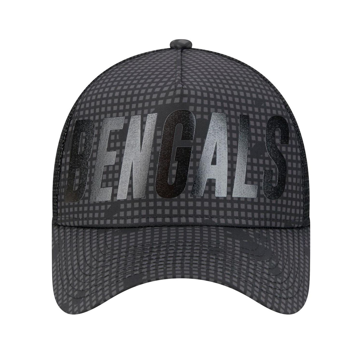 Men's Black Cincinnati Bengals Midnight Ink Tonal Text A-Frame Trucker 9FORTY Adjustable Hat