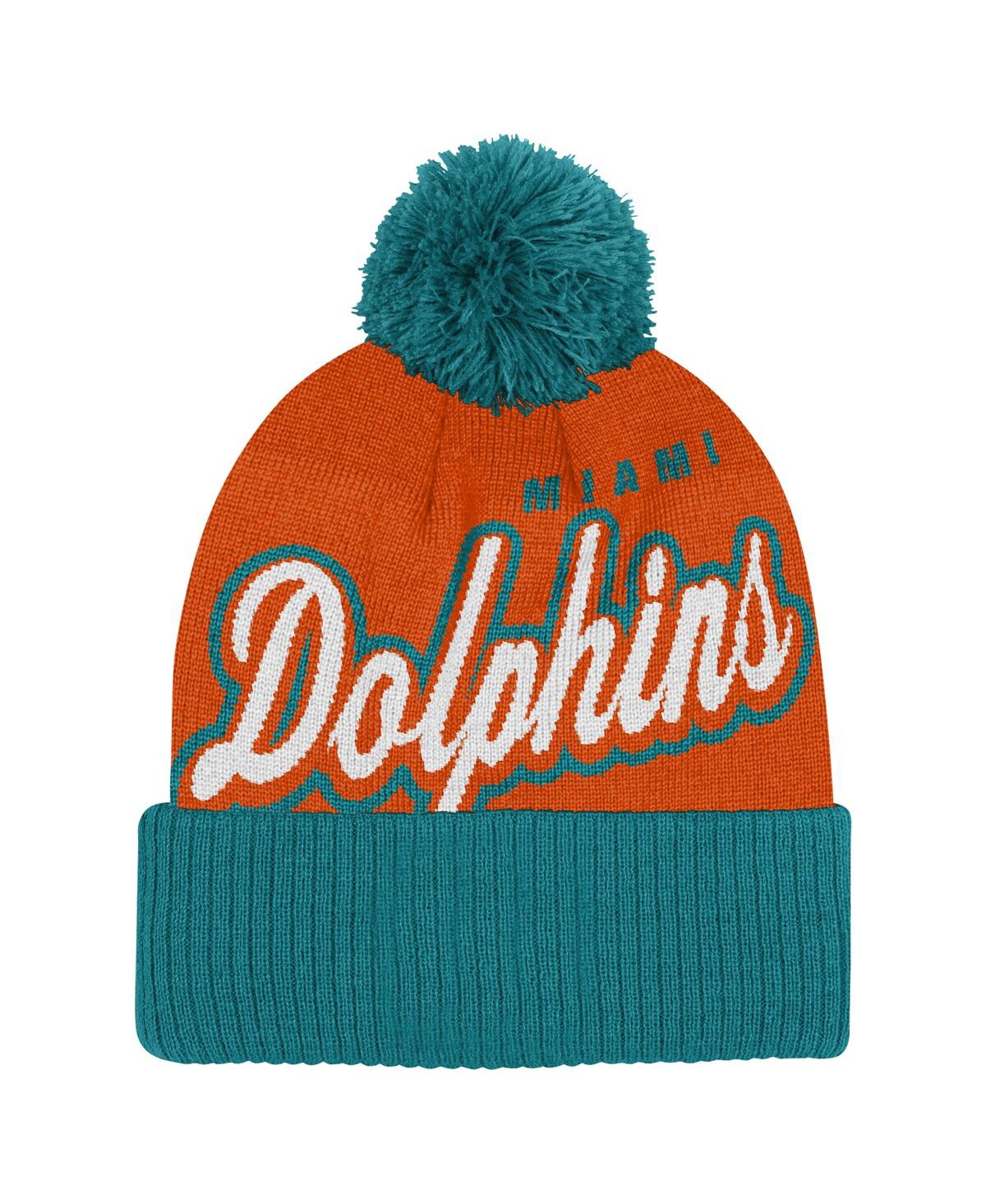 Outerstuff Big Boys And Girls Orange/aqua Miami Dolphins Pro-sport Jacquard Cuffed Knit Hat With Pom In Orange,aqua
