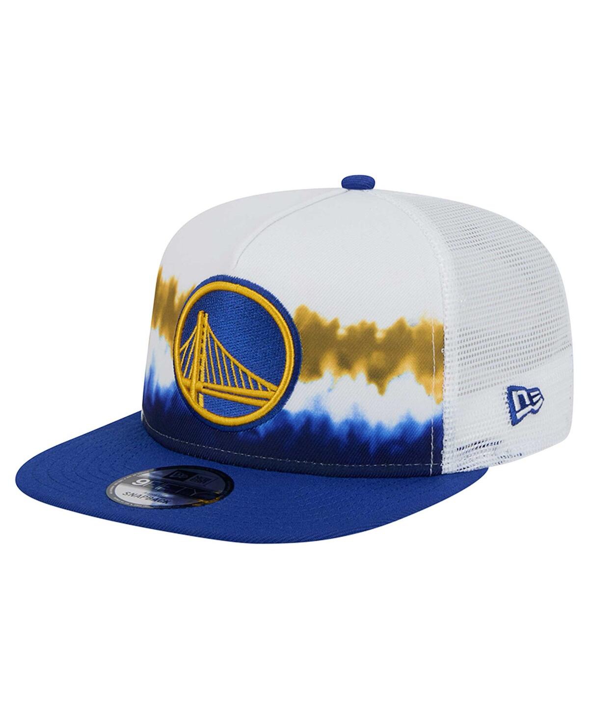 NEW ERA MEN'S WHITE/ROYAL GOLDEN STATE WARRIORS DIP-DYE 9FIFTY A-FRAME TRUCKER SNAPBACK HAT 