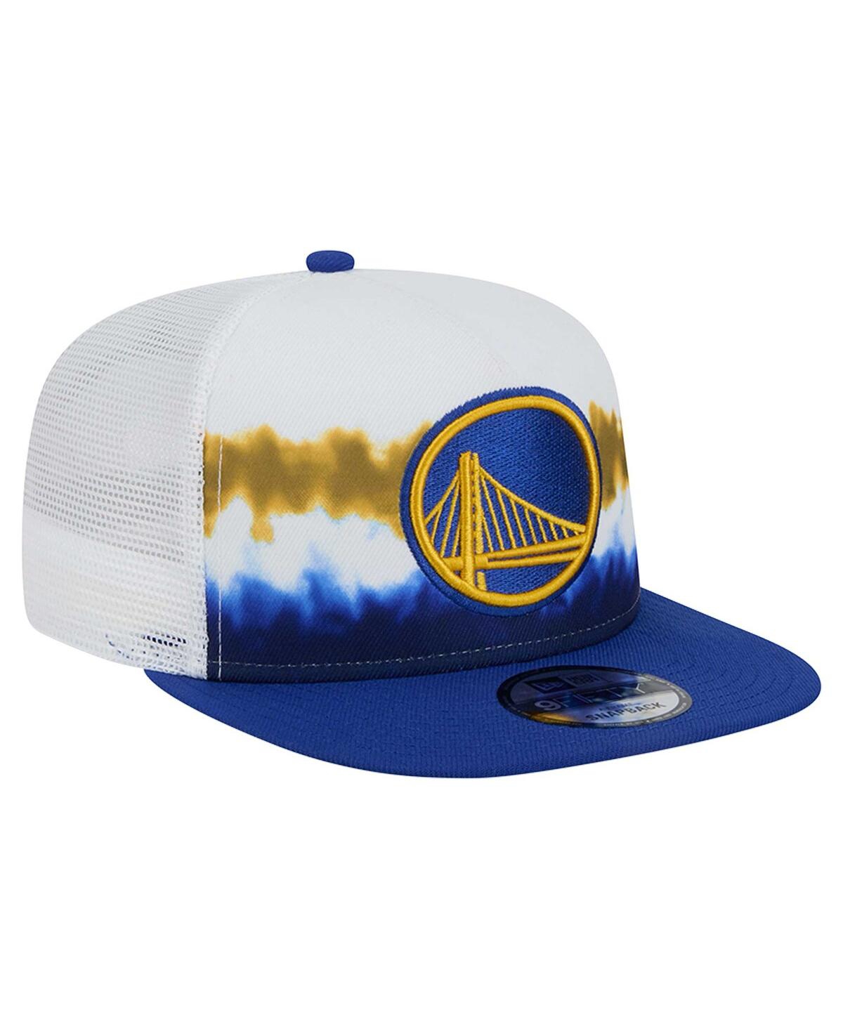 NEW ERA MEN'S WHITE/ROYAL GOLDEN STATE WARRIORS DIP-DYE 9FIFTY A-FRAME TRUCKER SNAPBACK HAT 