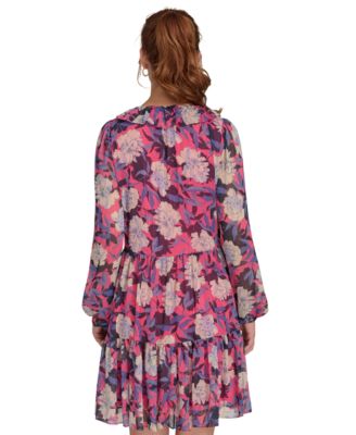 Women's Printed Ruffled Blouson-Sleeve Shift Dress