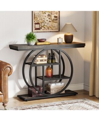 41.3" Console Table, Industrial 4-Tier Sofa Table Entryway Table with Circle Base, Narrow Wood Accent Tables with Shelves, Light Brown