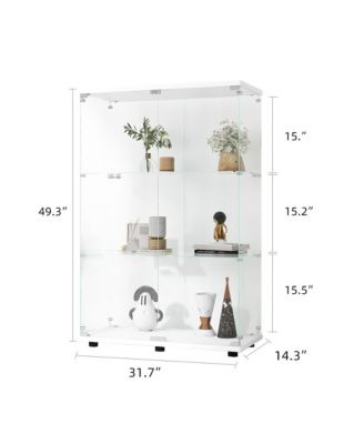 Two-door Glass Display Cabinet 3 Shelves with Door, Floor Standing Curio Bookshelf for Living Room Bedroom Office