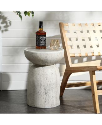 Rustic Off White and Gray Round 19.7-Inch Tall MgO Side Table, Indoors and Outdoors