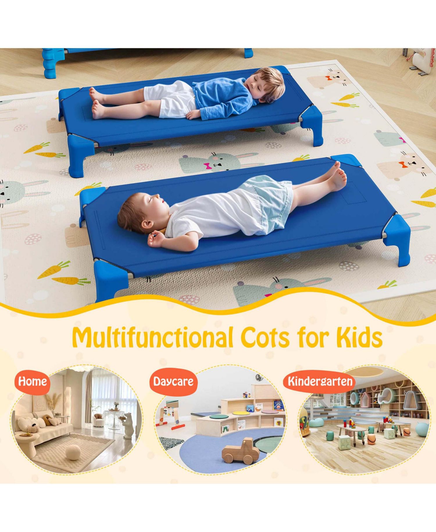 6 Pack Stackable Daycare Cots with Easy Lift Corners Heavy-Duty Metal