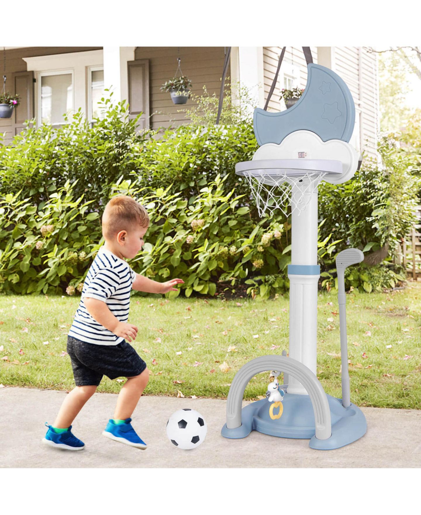 Детские игрушки Costway 4-in-1 Toddlers Basketball Hoop with Soccer Golf and Ring Toss Game, цвет: Синий — фото 3