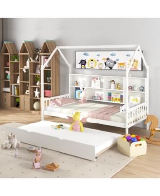 Twin Size Kids Montessori Daybed with Roof Design and Built-in Shelf Compartments
