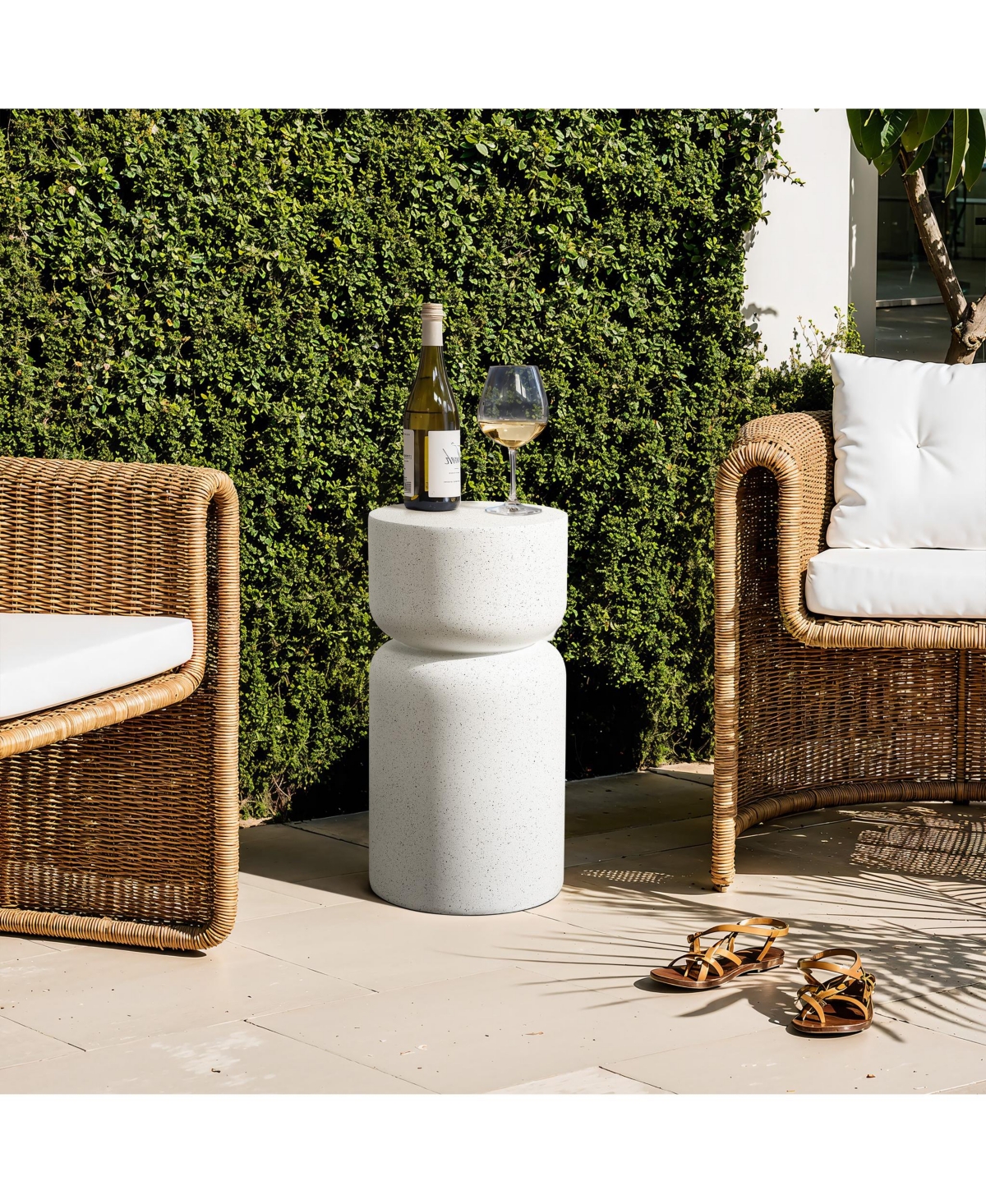 LuxenHome White with Gray Flecks Pillar Round MgO Side Table, Indoors and Outdoors
