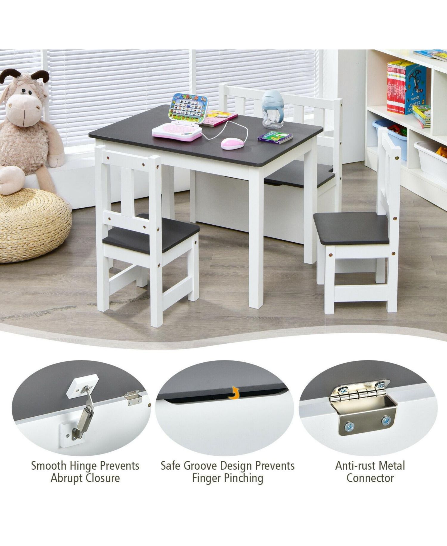 4 Pieces Kids Wooden Activity Table and Chairs Set with Storage Bench and Study Desk