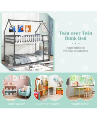 Twin Over Twin Bunk Bed with Fence and Ladder for Kids