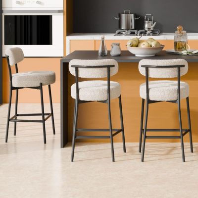 Bar Stools Set of 3, 24 Inches Modern Counter Height Bar Stools with Curved Back Metal Legs, Upholstered Tall Barstools