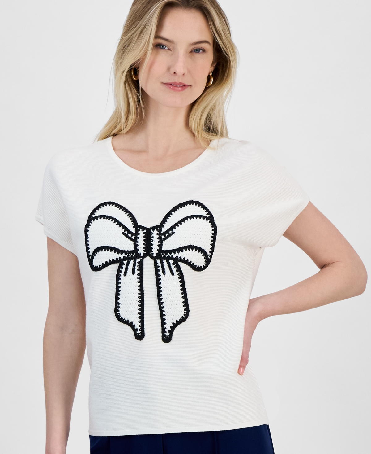 T Tahari Women's Bow Scoop Neck Short-sleeve Sweater In White Star