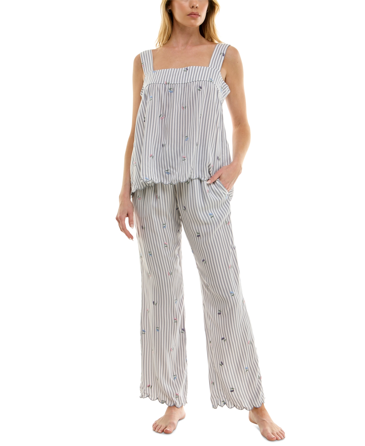 Women's Embroidered Striped Pajama Set - Vertical Magazine Stripe