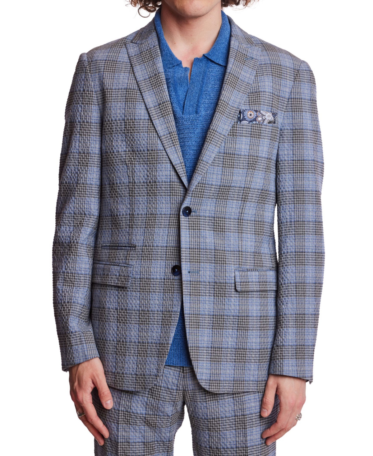 Men's Ashton Plaid Jacket - Grey Blue Seersucker Check