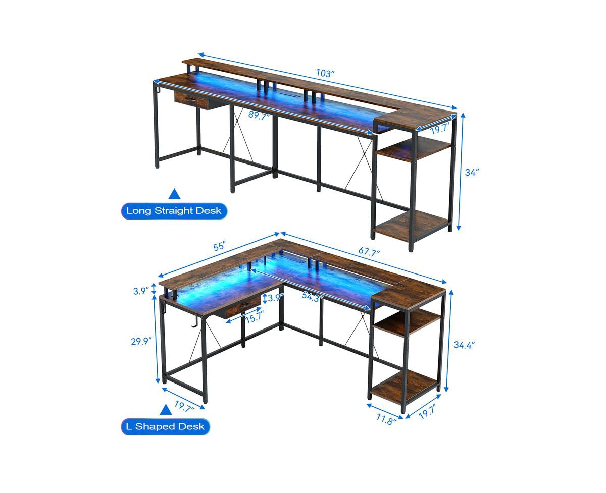 gaomon L Shaped Desk with Drawers and Led Lights, 55 Inch Computer Desk with Shelves & Monitor Stand