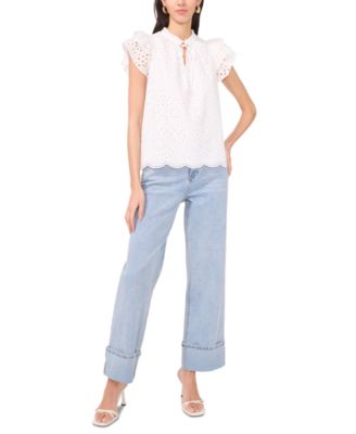 Women's Eyelet Flutter-Sleeve Top