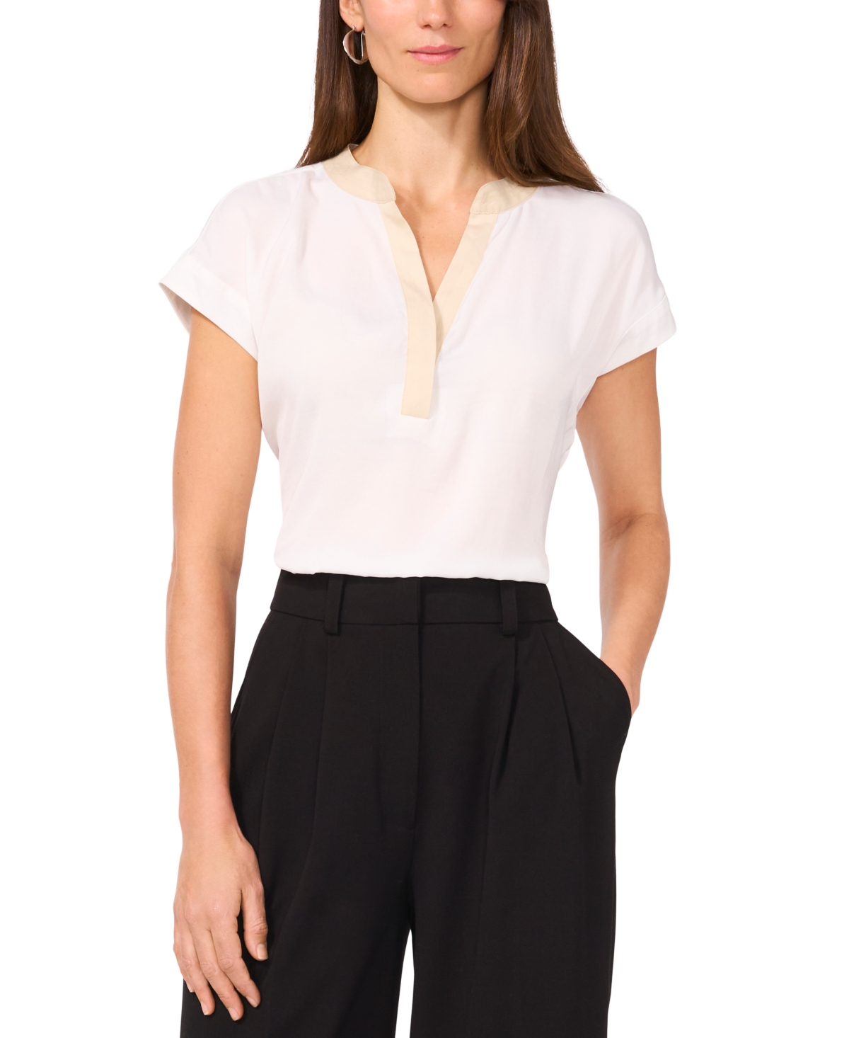 VINCE CAMUTO WOMEN'S SPLIT-NECK CONTRAST-TRIM CAP-SLEEVE TOP 