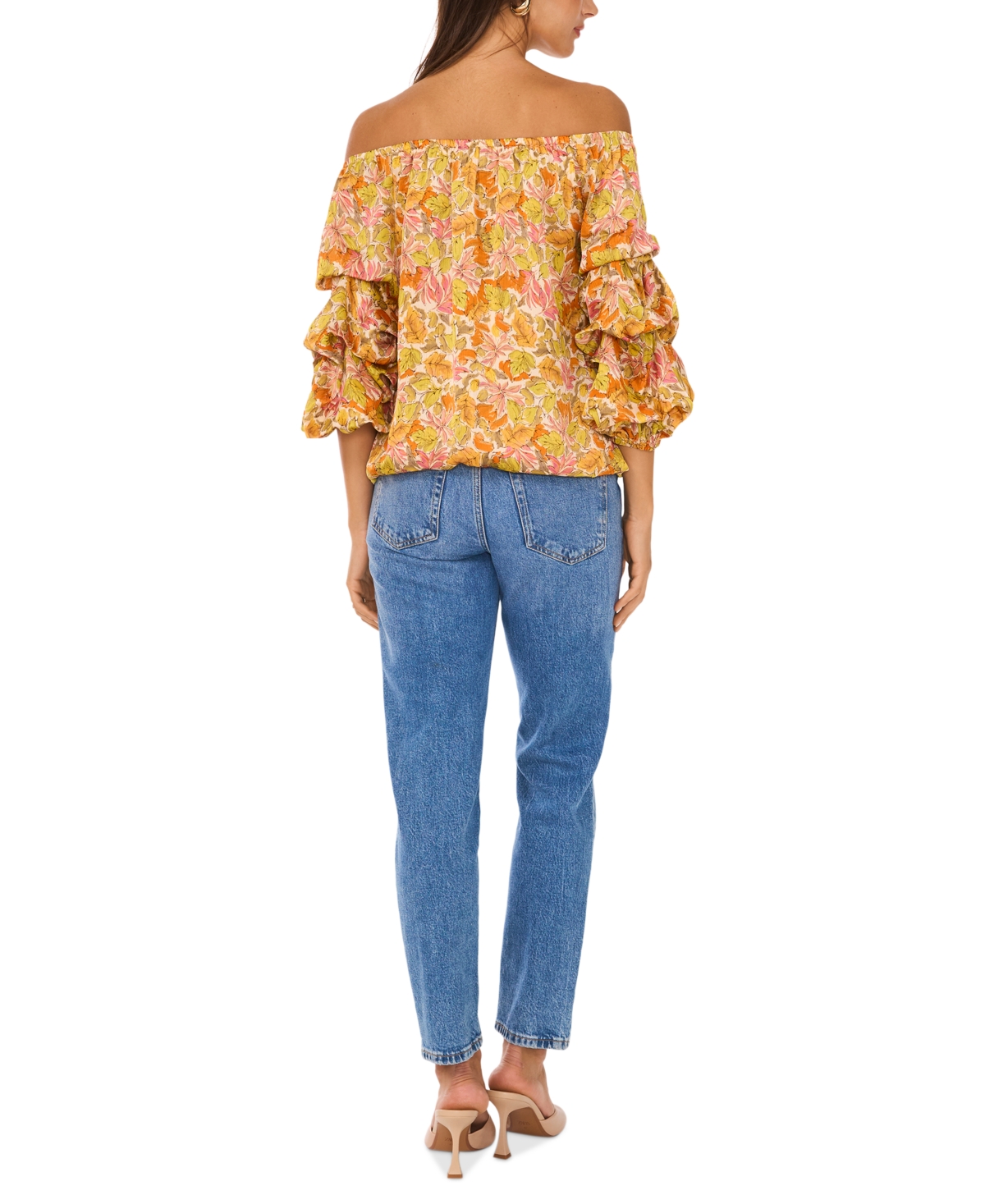 Shop Vince Camuto Women's Printed Off-the-shoulder Bubble 3/4-sleeve Tie-front Blouse In Crushed Orange