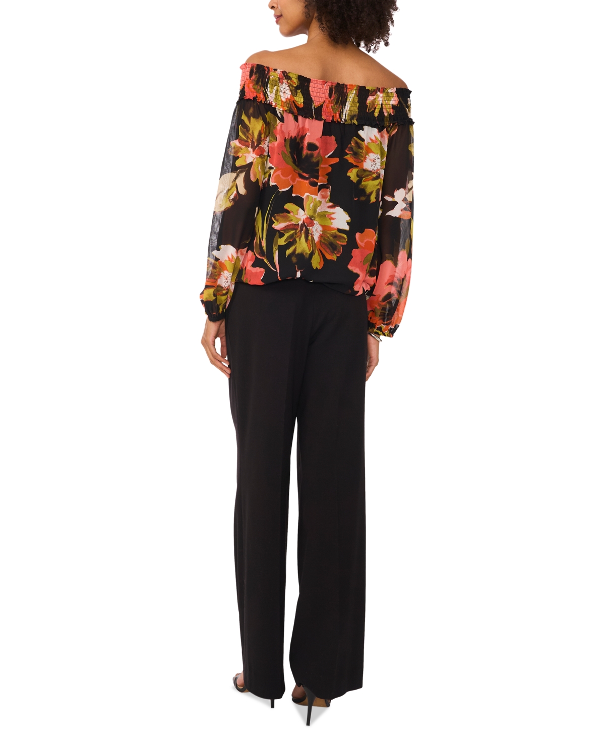 VINCE CAMUTO WOMEN'S FLORAL OFF-THE-SHOULDER LONG-SLEEVE TIE-FRONT BLOUSE 