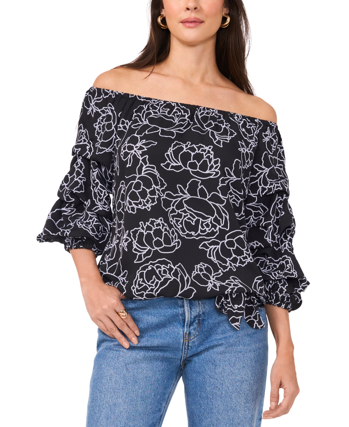 VINCE CAMUTO WOMEN'S FLORAL OFF-THE-SHOULDER BUBBLE 3/4-SLEEVE TIE-FRONT BLOUSE 