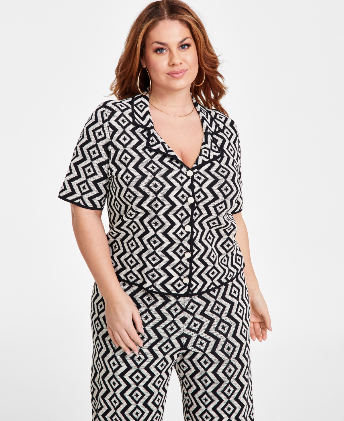 Plus Size Geo-Print Notch-Collar Jacquard Top - Neutral Geo Print