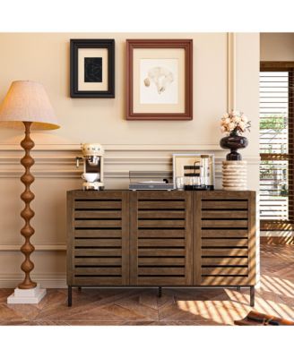 Farmhouse Sideboard Buffet Storage Cabinet with Strip Skeleton Door and Adjustable shelves, for living room dining room kitchen