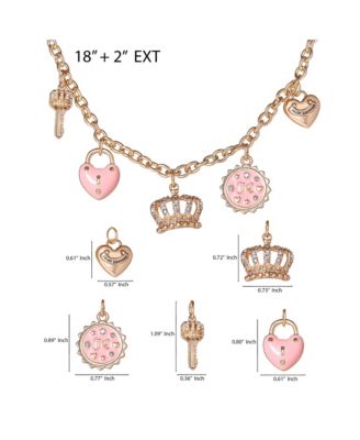Gold-Tone Charm Necklace with Pink Enamel Accents and Crystal Details