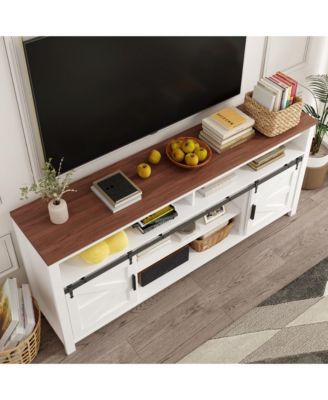Farmhouse Industrial TV Stand for 55/60Inch TV - Sliding Barn Door, Wood Rustic Media Console Storage Cabinet