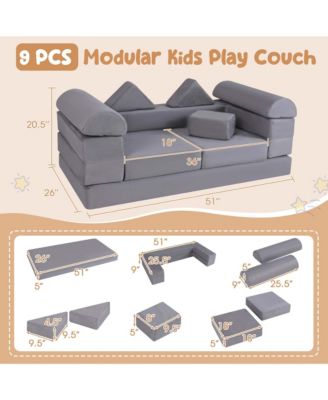 Kids Modular Play Couch Play Set with Suede Fabric Cover High-Density Foam