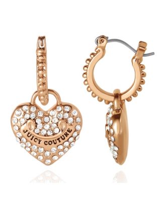 Gold-Tone Heart Charm Hoop Earrings with Crystal Accents