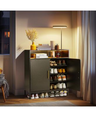 Double Door 6-Layer Shoe Cabinet with High Foot and LED Lights for Modern Shoe Storage and Display