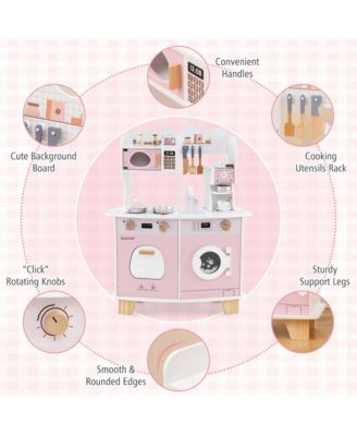 Wooden Kids Kitchen Playset Pretend Play Kitchen with Coffee Maker & Microwave