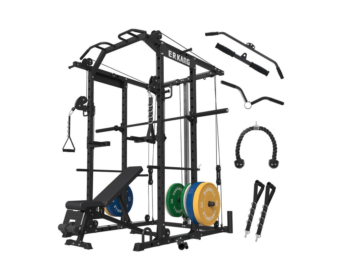 Home Gym Package, PC06 Power Cage with Bench, Olympic Barbell, and 230LBS Bumper Olympic Weights - Black