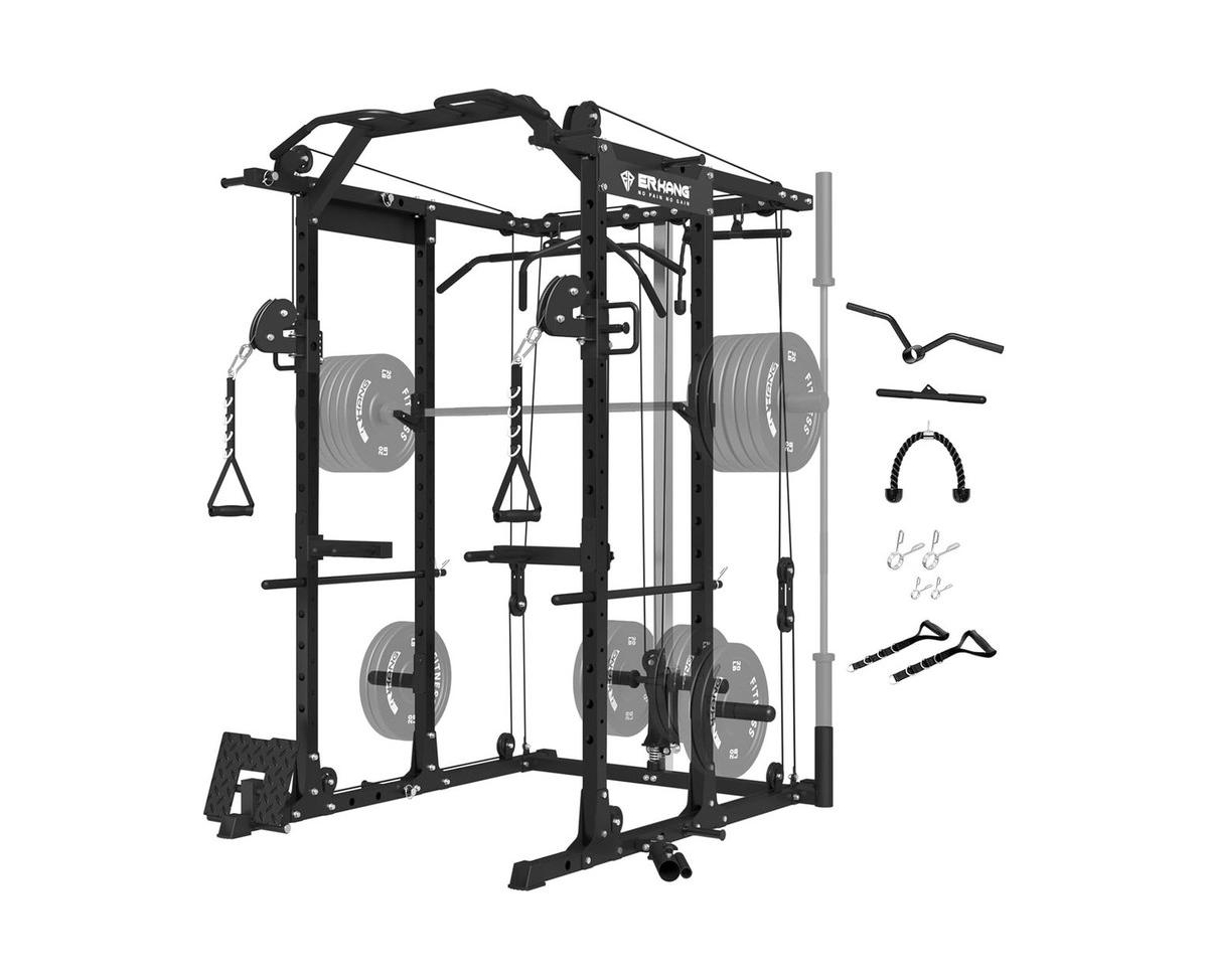 Home Gym Package, PC06 Power Cage with Bench, Olympic Barbell, and 230LBS Bumper Olympic Weights - Black