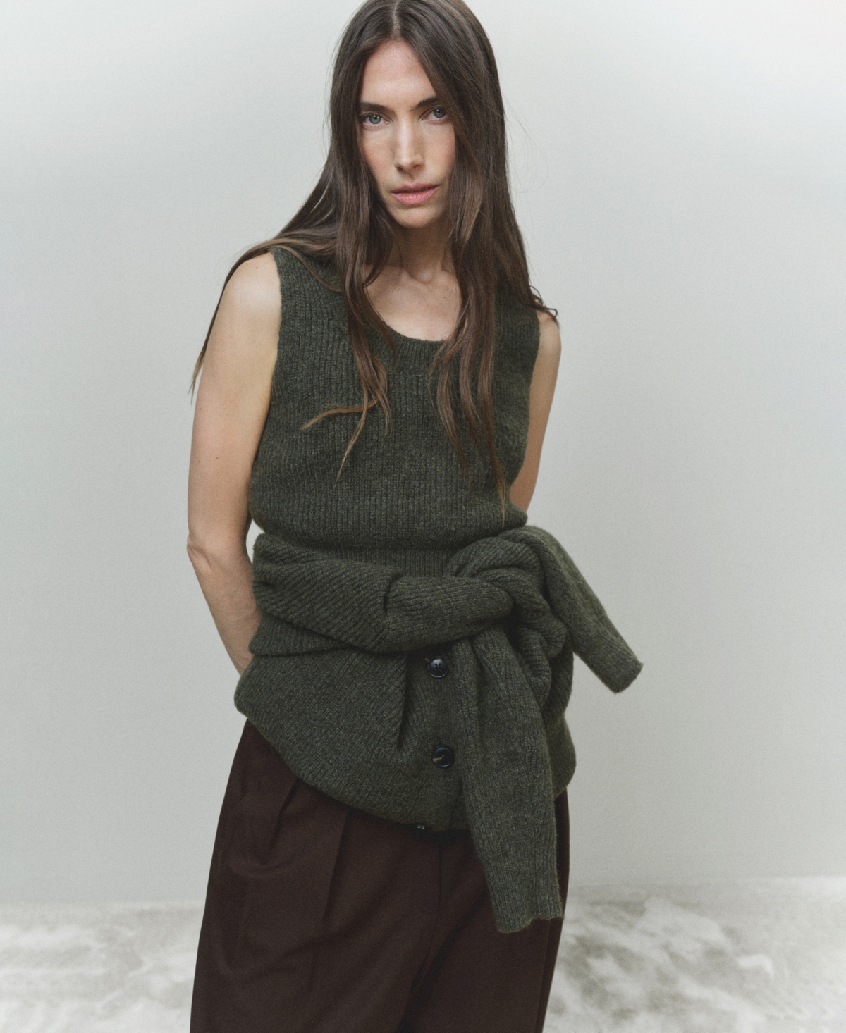 Mango Erizo Crop Knit Tank In Khaki