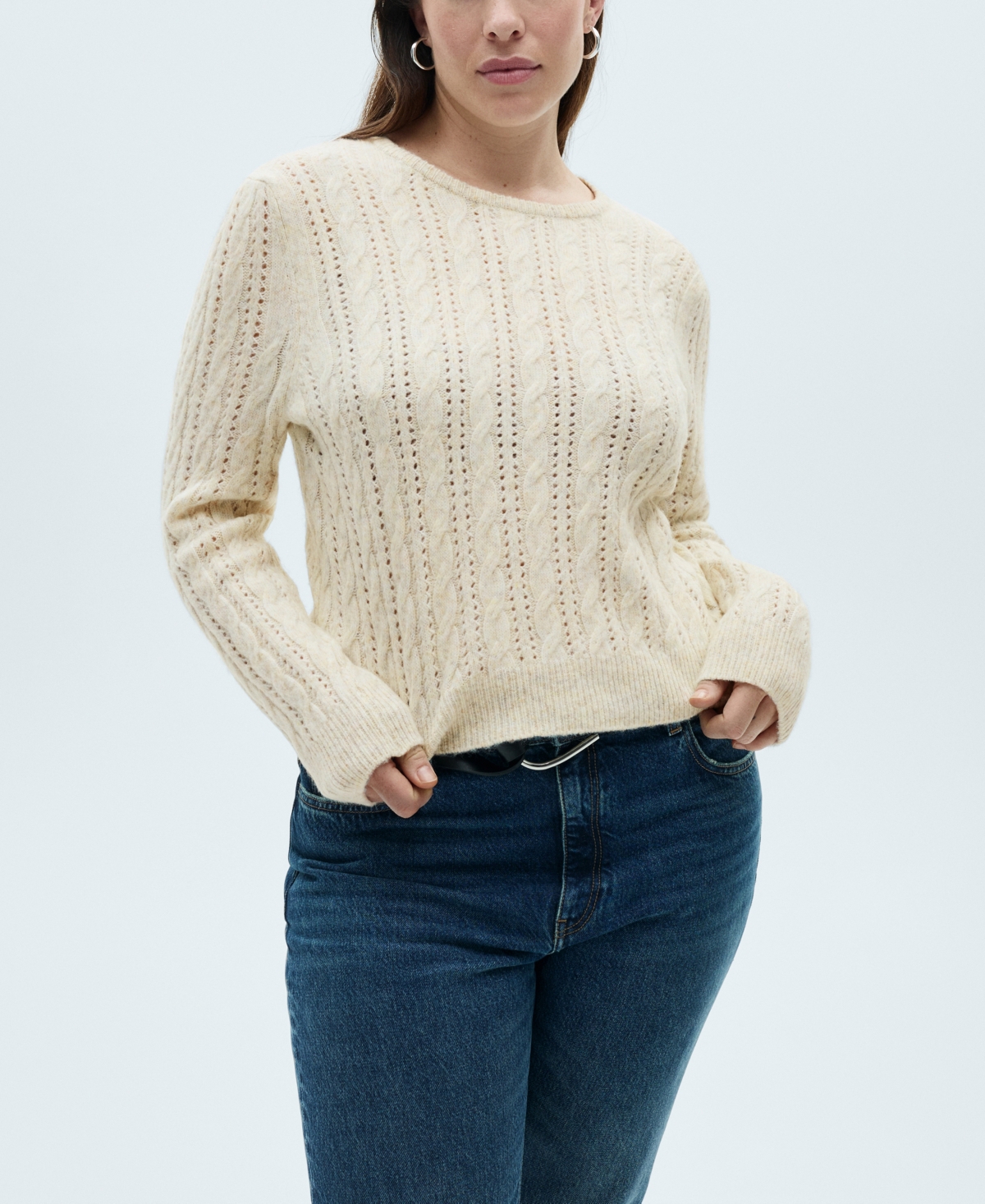 Mango Cable Knit Openwork Sweater In Ecru