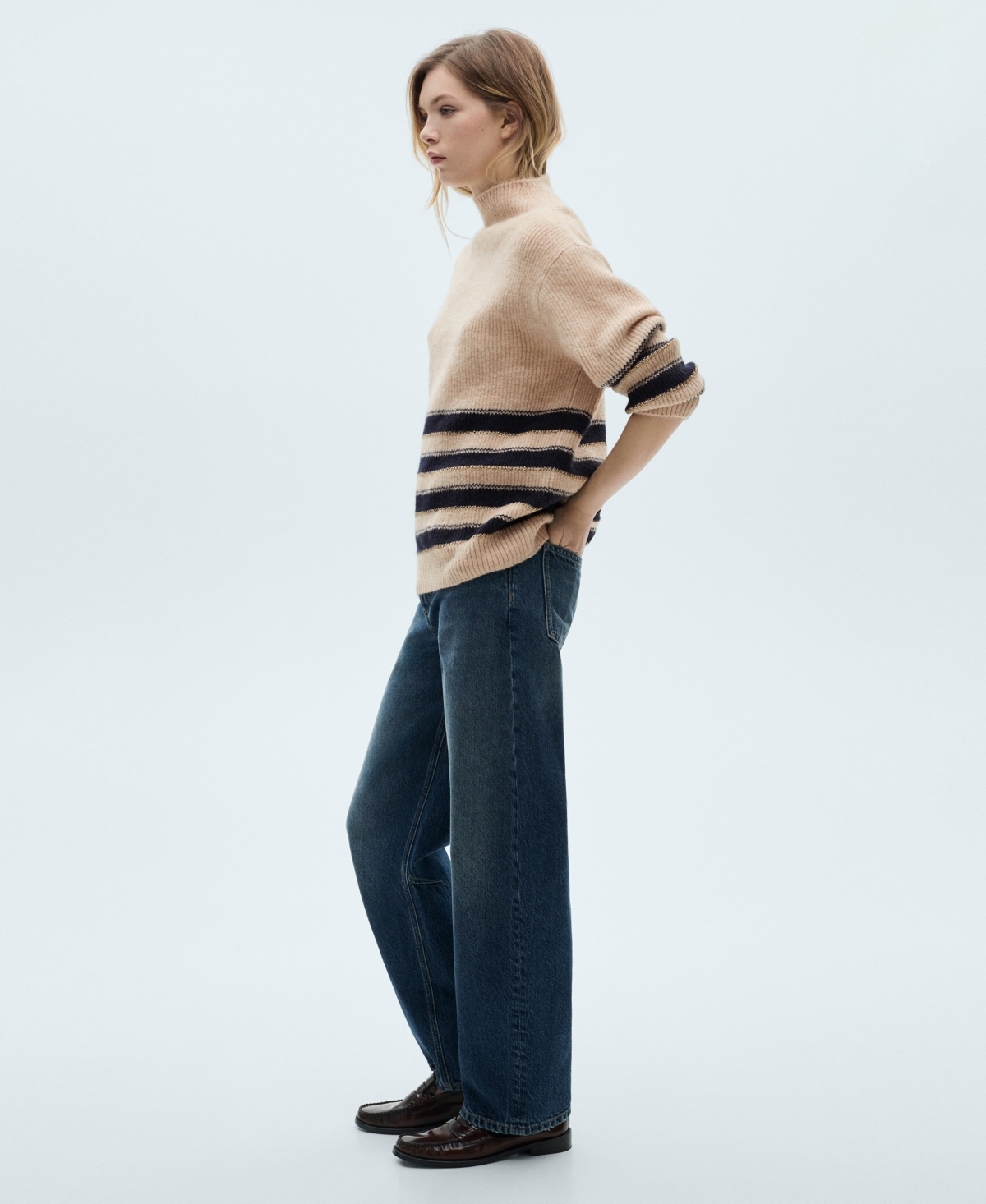 Mango Perkins-neck Striped Sweater Ecru In Ecru