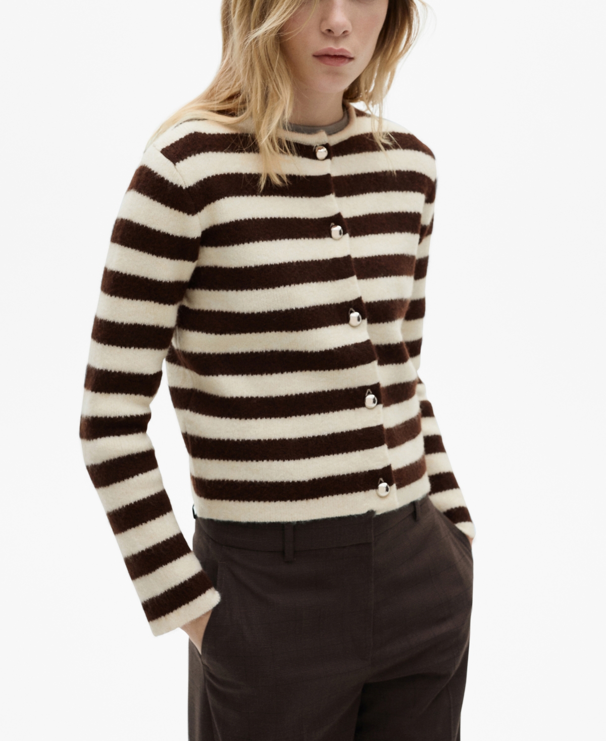 Mango Women's Buttons Detail Striped Cardigan In Ecru