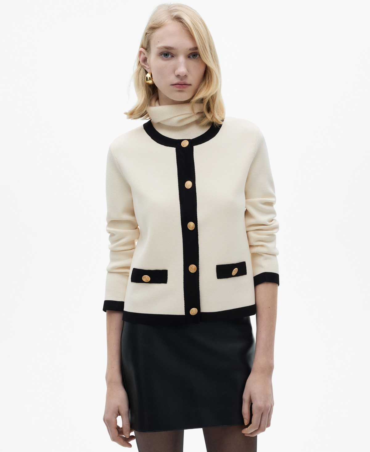 Mango Contrast Trim Short Sleeve Cardigan In Ecru
