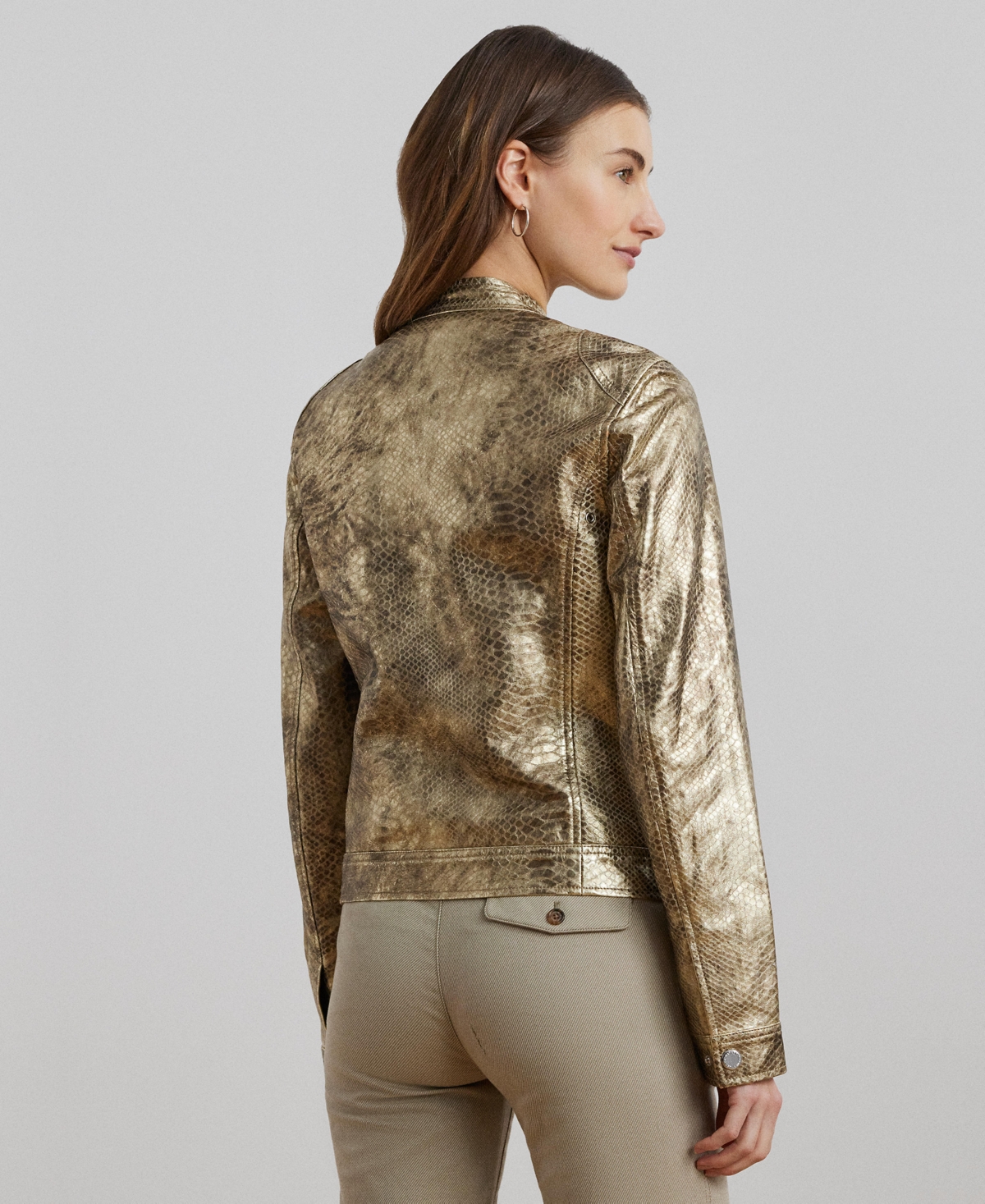 RALPH LAUREN WOMEN'S METALLIC EMBOSSED LAMBSKIN MOTO JACKET 