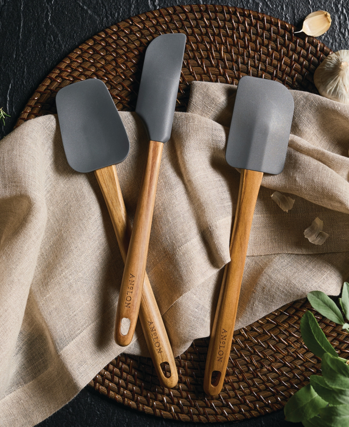Anolon 3-piece Silicone Teak Handled Spatula Set In Gray