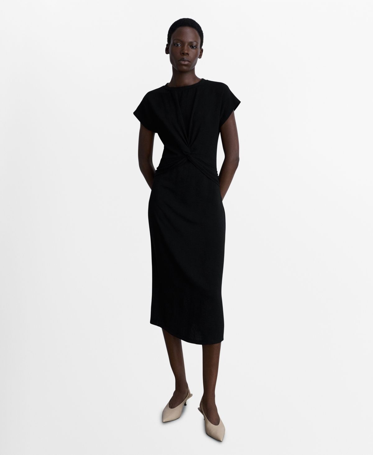 Mango Midi-dress With Knot Detail Black In Black
