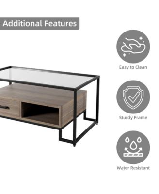 Coffee Table Tempered Glass Top, Rectangle Center Table with Drawers and Storage Shelf, Industrial Glass Top Accent Table for Home Living Room, Apartment, Office