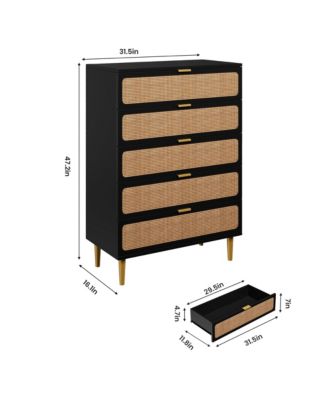 Rattan 5 Drawer Dresser for Bedroom, Tall Dresser with Deep Drawers