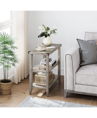 Grey Farmhouse End Table, 3 Tier Rustic Side Table, Narrow Sofa Table Set of 2 with Ample Storage Shelf, Rectangular Nightstand