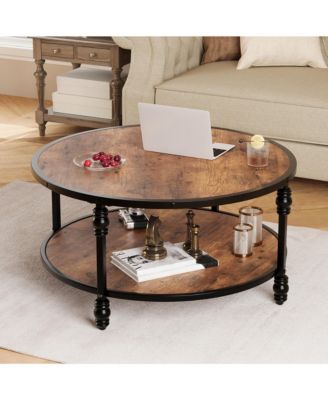 Round Coffee Table, 31" Coffee Table with Open Storage Shelf, 2-Tier Industrial Circle Wood Center Table for Living Room